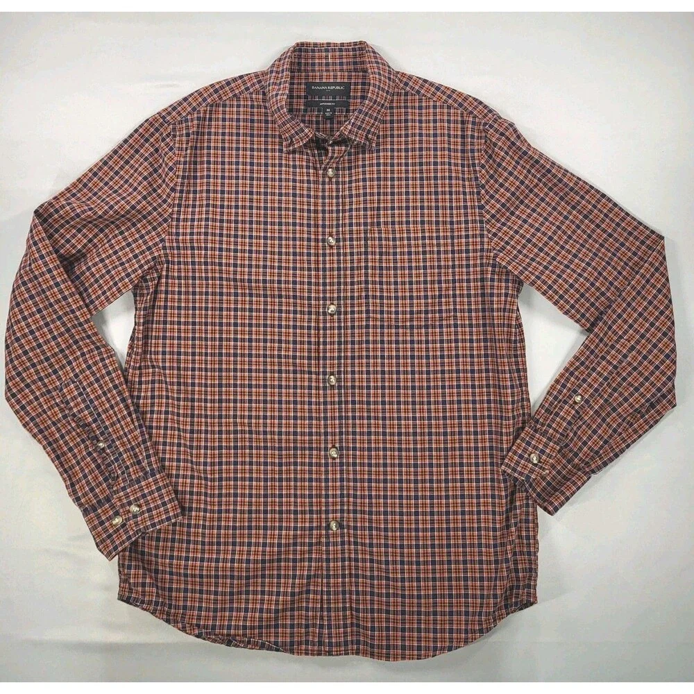 BANANA REPUBLIC Men’s M Plaid Button Down Shirt Untucked Fit Navy Orange India